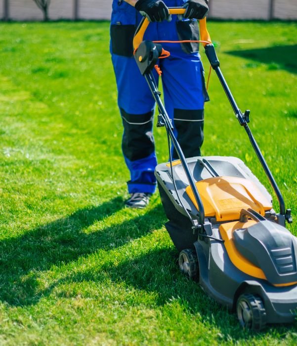 A man operates a lawn mower, trimming grass in a well-maintained yard under clear blue skies.
