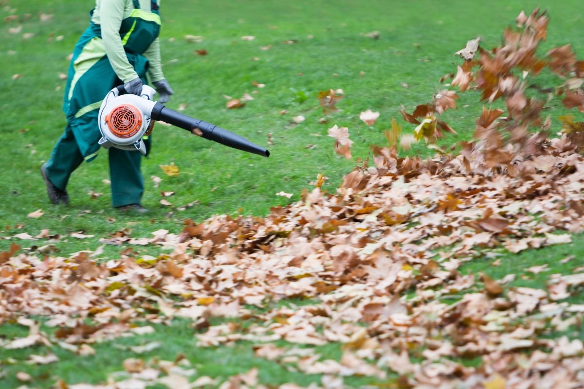 A man dressed in green and yellow operates a leaf blower in a yard, clearing leaves in electric blower and debris from the ground.